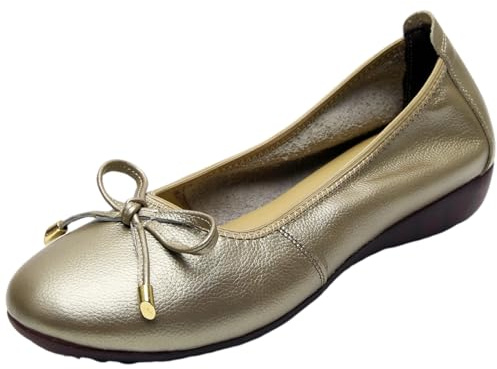 ANUFER Femmes Cuir Véritable Petit Talon Compensé Ballerines Joli Noeud Papillon Mou Glisser sur Pompes Chaussures Dolly Bronze SN070519 EU36