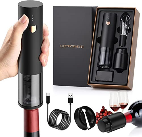 Wine Gift-Electric Wine Opener, Rocyis Automatic Wine Opener-Cordless Electric Corkscrew-Wine Bottle Opener Kit with Foil Cutter, 2 in 1 Aerator Pourer, Vacuum Stopper, USB Charging