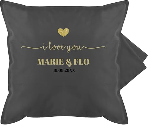 Kissenbezug - Kissen Ideen - I Love You mit Namen Datum I Partner Geschenk I Paar Geschenk Beziehung I Liebesgeschenk - 50 x 50 cm - Grau - Girlfriend Pillow paarkissen Valentinstag u kuschelkissen