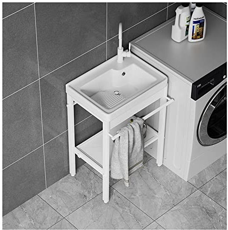 Lavabo Lavanderia Autoportante,Lavello da Cucina Utilità,Lavandino da Giardino Esterno,Lavatoio Ceramica,Supporto in Acciaio Inox,con Rubinetto,Componenti di Drenaggio,per interno/Esterno ( Color : Pu