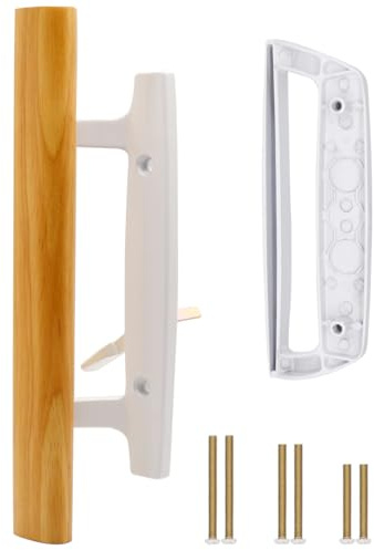 TPard Sliding Glass Patio Door Handle Replacement Set with Oak Wood Inside Handles and Zinc Diecast Outside Pull, 3-15/16 Hole Spacing, Non-Handed, White