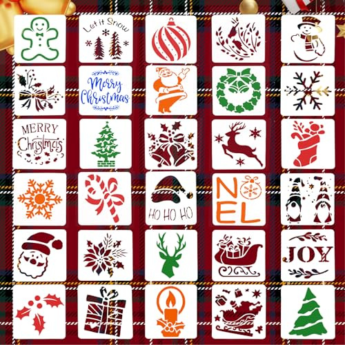 30st Weihnachtsschablonen, Wiederverwendbar Malvorlage Mehrere Muster Dekorationsschablonen Malen Auf Holz für DIY Kunsthandwerk Ornamente Holzscheibe
