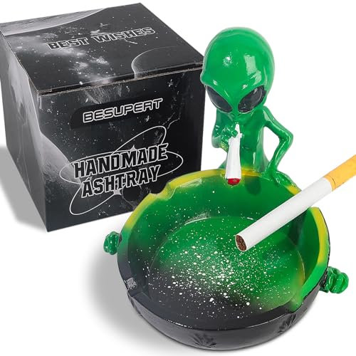 BESUPERT Ashtray, Cute Cool Hand-Painted Resin Ash Tray for Cigarettes and Cigar, Must Haves Funny Fantasy Home Decor for Smoker, Tabletop Ornament for Indoor Outdoor Apartment Patio Use (Green)