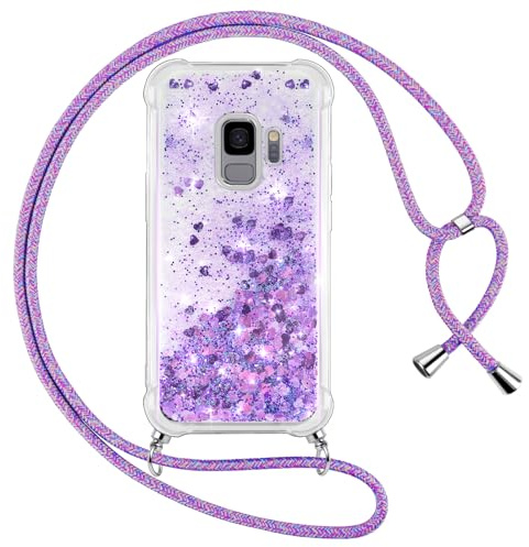 Vauki handyband für Samsung Galaxy S9 Hülle mit Band, Silikon Durchsichtig Transparent Flüssig Glitzer mit Kette Kordel Treibsand Necklace TPU Schutzhülle Case für Samsung S9, Lila