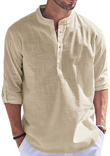 Cegerne Herren Leinenhemd Henley Shirt Langarm Freizeithemden Sommer Beach Casual Mittelalte Kurzarm T-Shirt für Urlaub Strand, Khaki, M