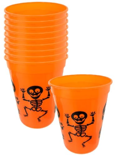 Acan Tradineur - Pack de 12 Vasos de Halloween - Diseño Esqueleto - Fabricado en Plástico - Ideal para Fiestas de Halloween - Ø 8 x 10 cm