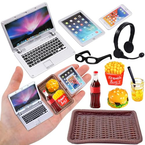 Accessoires Miniatures de GNOME, Accessoires Miniatures de Maison de poupée 1/12 Ordinateur Portable Miniature téléphone Portable Mini Lunettes Hamburger cola Frites Plateau de Boissons