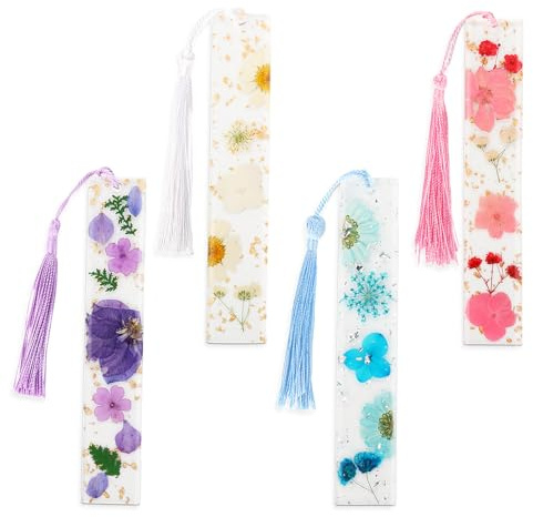 Miruchertter Schöne Lesezeichen mit getrockneten Blumen, transparentes Kunstharz, Seitenhalter mit Quaste, Buchzubehör, Geschenk für Leseliebhaber, Lehrer, Studenten, 4 Stück