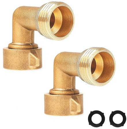 Hourleey Confezione da 2 connettori a gomito per tubo da giardino a 90 gradi, in ottone, con 2 rondelle, adattatore per tubo flessibile per raccordi dell'acqua per camper, rubinetti residenziali