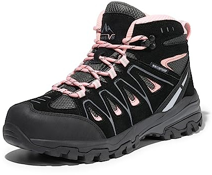 NORTIV 8 Scarponi da trekking impermeabili da donna, per attività all'aperto, trekking, campeggio, sentieri, escursionismo, nero, NERO ROSA, 42.5 EU Larga
