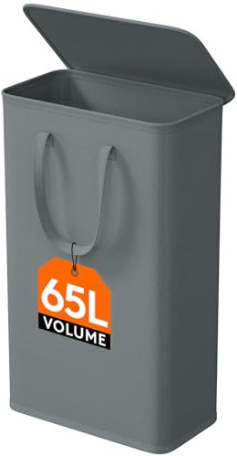 Lifewit 65L Slim Laundry Basket with Lid, Small Washing Basket, Narrow Foldable Laundry Bag with Handles, Thin Laundry Hamper Bin Storage for Bedroom Accessories, Gray, 1 Pack