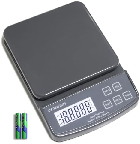 CCWEIGH Postal Scales 26lbs/0.03oz High Precision Food Scale for Kitchen with Hold,Tare and PCS,Portable Shipping Scale for Packages, Small Kitchen Business,Jewelry,Batteries Included （Grey26lbs/1kg）