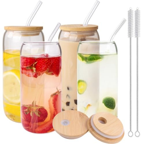 BELICOO 4 Pack Drinking Glasses with Bamboo Lids and Glass Straw, 500ml/17oz Iced Coffee Cup, Glass Cups with Lids and Straws & Brush, Drinking Glasses for Beer, Cocktail, Tea, Coke, Juice, Soda