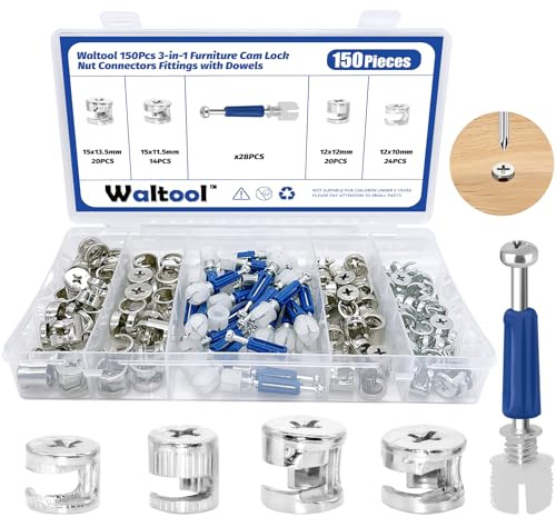 Waltool 150Pcs Eccentric Wheels Cam Locks Fittings, 3 in 1 Furniture Connecting Bolt Fittings Fasteners Nut & Bolt Assortment Sets for Closets Bed Cabinet Drawer-15 * 11.5/15 * 13.5/12 * 10/12 * 12mm