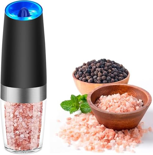 Gravity Electric Pepper and Salt Grinder 1 Pack,Battery Powered Salt and Pepper Shaker with Metal Stand, Automatic Pepper Mill with LED Light,Adjustable Coarseness,One Hand Operation