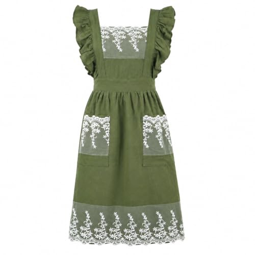 Aoomzoon Vintage Aprons for Woman with Pockets Cute Lace Ruffle Adjustable Apron for Cooking Kitchen Baking Gardening (Army Green)