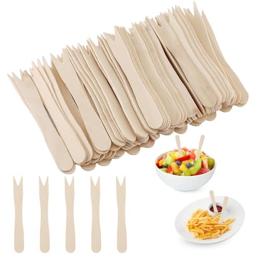 alwaiiz 300 Stück Pommesgabel, Pommes Piekser aus Holz, Leicht und Praktisch Holzgabeln Einweg, Currywurst Piekser für Partys, Camping, Restaurants Verwendet
