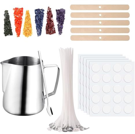Scentoria Kerzen Selber Machen Set, Kerzenwachs zum Gießen, Wachsschmelztopf 550 ml, 100 Kerzendochte, 6 Kerzenfarbe, 100 Kerzen Aufkleber, 5 Dochthalter, Candle Making Kit A