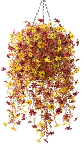 Artificial Fake Hanging Flowers Plants Baskets for Outdoor Fall Autumn Decoration,Faux Silk Flower in Planter UV Resistant Look Real for Home Outside Porch Garden Yard Patio Decor