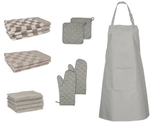 Home & Garden item-15 Piece Towel Set with Oven Gloves&Pot Holders Grey Cotton