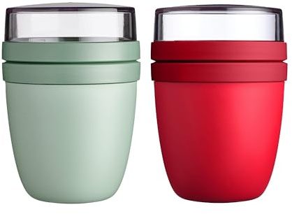 Mepal | Lunchpot Ellipse Mixed | Nordic Sage + Campus Red | Müslibecher to go | Unterteilung für Joghurt & Müsli | 500 ml + 200 ml | Geeignet für Gefrierschrank, Mikrowelle & Spülmaschine