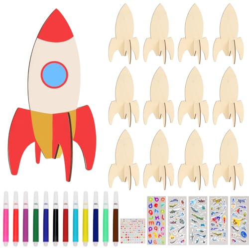 Augesak Raketen Holz Bastelset, 12 Stück Rakete Bastelset zum Bemalen und Basteln DIY, 3D Puzzle Rakete Holzbastelsets Geburtstag, Raketen Holz Basteln Handwerk