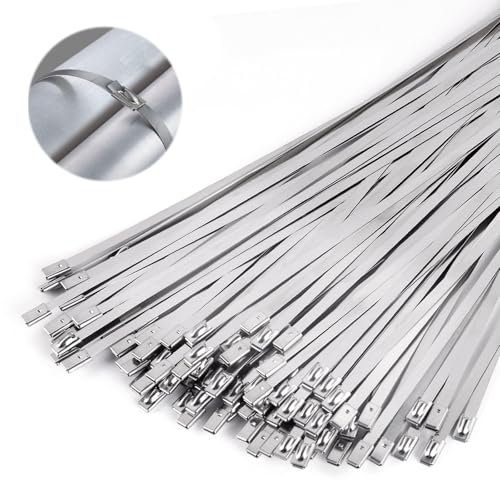 100 Stück Edelstahl Kabelbinder, Maschendrahtzaunbinder, Kabelbinder Edelstahl 300 x 4,6 mm, für Auspuffaufwicklung, Kabelbündelung, Gartenpflege, Maschendrahtzaun, Fester Zaun und Markise