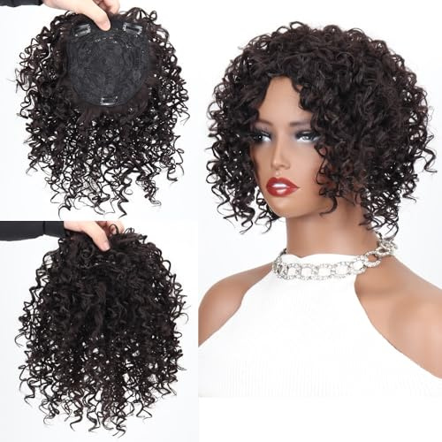 Hair Toppers für Frauen Synthetische kurze Afro-Locken-Haarteile, braun-blond, gemischte Farben, Toupet, Haarteil for Frauen und Männer, erhöht das Haarvolumen(Dack Brown)