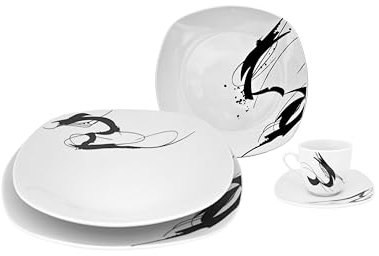 Set di Piatti Ink Painting Da Tavola Con Tazze da Caffè in Porcellana Resistente Design Moderno, 30 Pezzi Per 6 Persone, Bianco e Nero, Per Uso Quotidiano, Per Lavastoviglie.