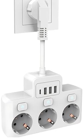 YFCJYBF Steckdosenleiste 3-Fach mit USB，Mehrfachsteckdose mit Schalter,Mehrfachstecker für Steckdose，Geeignet für Steckdosenleisten im Büro und zu Hause，7 in 1 Steckdosenadapter mit 3 USB + 1 Type C