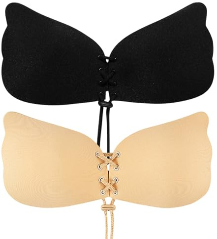 TUONYIS Confezione da 2 reggiseni push-up da donna, riutilizzabili, adesivi con coulisse, reggiseni invisibili, senza spalline, coppa C, Beige, Nero, Taglia unica