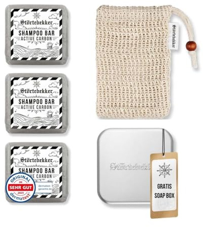 Störtebekker® Premium Duschset - Festes Shampoo Active Carbon (x3), Sisalsäckchen + GRATIS Seifendose Aluminium - Shampoo Bar Set - Aktivkohle-Shampoo - Handgefertigt in Seifenmanufaktur