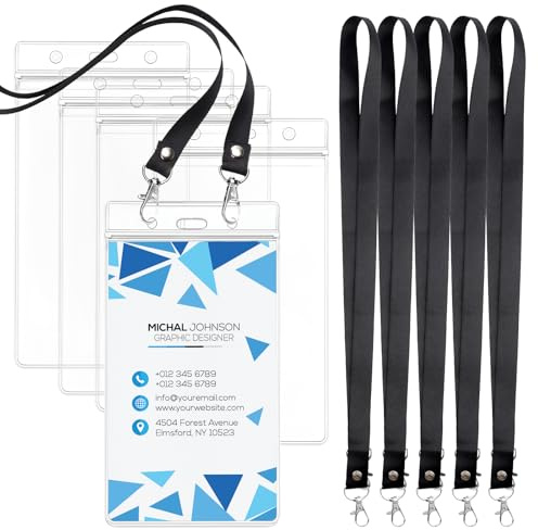 Honosen 5 Stück Kartenhülle, Vertikal Transparent Ausweishülle mit Band, PVC Kartenhalter, Ausweishalter mit Lanyard Schlüsselband, Konzertkarten Aufbewahrung für Geschäfts, Messe, Büro, Schulen