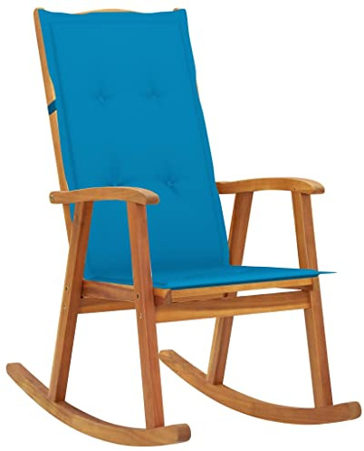 HaoChrymec Schaukelstuhl mit Auflagen Massivholz Akazie, wasserdichte Auflage, Relaxsessel Garten, Schaukelsessel für Balkon, Garten Möbel, Blau, 57 x 100 x 117 cm