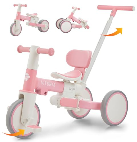VITONIS bicicletta senza pedali da 1 anno, triciclo 5 in 1 con barra di spinta per bambini, girello per bambini da 1 a 3 anni Regali e giocattoli (rosa)