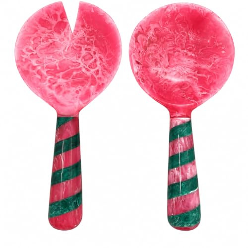 Handmade Resin Salad Serving Spoon & Fork Set | Elegant Glossy Finish with Unique Beaded Handles | Durable Kitchen Utensil Set for Tossing, Serving Salads & Fruits | Gift Tableware (Pink)