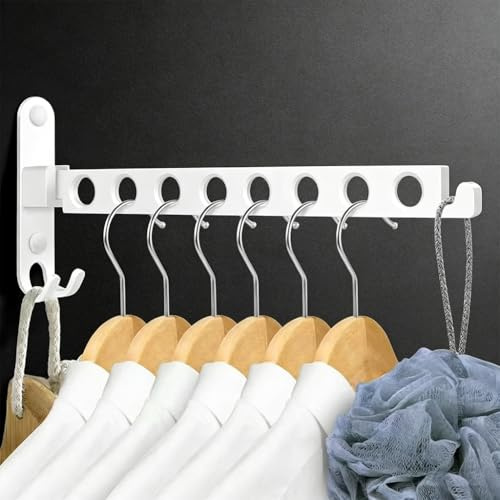 JOLY FANG Perchero de pared plegable, tendedero plegable y barra para colgar ropa de montaje en pared de aluminio para balcón, exterior y baño (blanco, 8 agujeros)