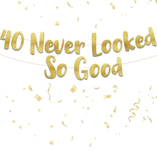 40th Birthday Decoration, 40 Never Looked So Good Banner, Gold Glitter Funny Happy 40th Birthday Banner for Anniversary and Birthday Party Decorations