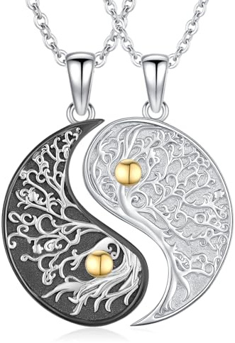 JFASHOP Collier Yin Yang 925 Argent Sterling Taichi Couple BFF Chaîne Pendentif Montagne Soleil Collier 2 Pièces Yin Yang Bijoux Cadeaux pour Femmes Hommes Couple, mèche, no