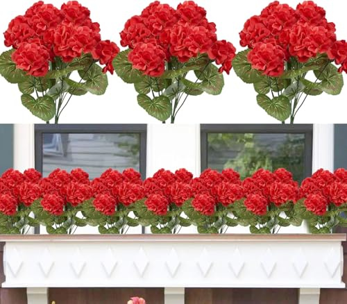 Famibay 8PCS Artificial Flowers Outdoor Geranium Red Silk Geraniums Faux Plants Outdoor UV Resistant for Garden Balcony Window Boxes Decorations