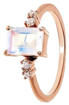 Ayoiow Dünnes Band, Einfach Damenring Rosegold 585 Brillant Verlobungsring mit 1ct Mondstein und Moissanit, Vorsteckring Rosegold 585, 14 Karat Roségold Größe 56 (17.8)