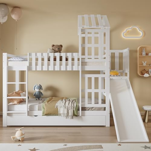 YuQozii Litera, cuna, cajón grande con ruedas, tobogán divertido para niños, exquisito techo y ventana, pino + MDF + madera contrachapada, blanco, 90 x 200 cm