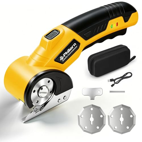 Philorn Cordless Electric Scissors with Safety Lock, LED Light & 2 Replacement Blade for Fabric, Carpets, Plastic, Sheet-Aluminum, Cardboard with Type-C Charging(Yellow)