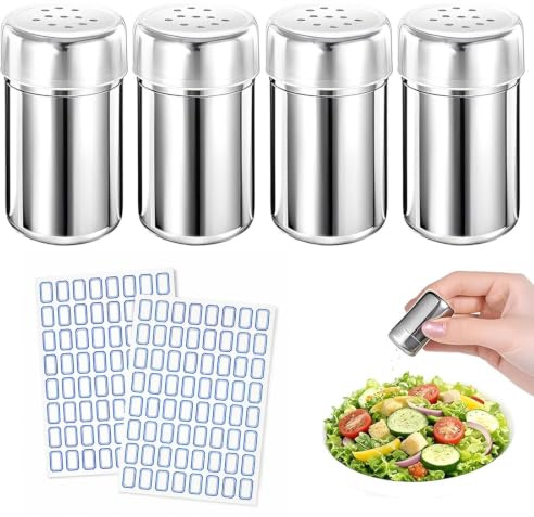LBMOUD 4 Pezzi Contenitore per Condimenti,Mini Saliera da Viaggio,Con Tappo in Plastica e 2 Adesivi,Materiale in Acciaio Inossidabile,Robusto e Durevole,Per Barbecue All'Aperto