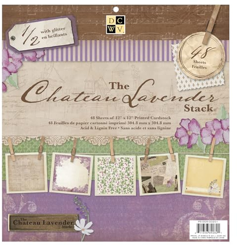 DCWV Premium Cardstock Paper 12x12, 48 Sheets of Scrapbook Paper for Crafts and Card Making, Single Sided Heavy Duty Cardstock with Glitter Accents - Chateau Lavender