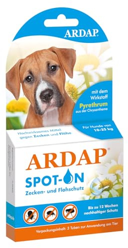 ARDAP Spot On für Hunde von 10 bis 25kg - Natürlicher Wirkstoff - Zeckenmittel für Hunde, Zeckenschutz Hund, Flohmittel Hund - 3 Tuben je 2,5ml - Bis zu 12 Wochen nachhaltiger Langzeitschutz (PT19)