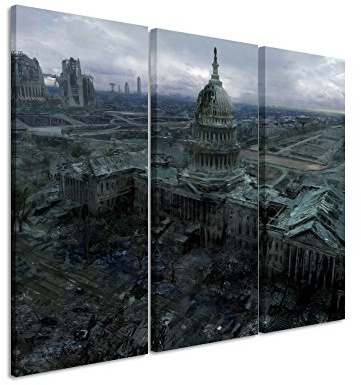 Leinwandbild 3 teilig Fallout_3_Capitol_Building_3x90x40cm (Gesamt 120x90cm) _Ausführung schöner Kunstdruck auf echter Leinwand als Wandbild auf Keilrahmen