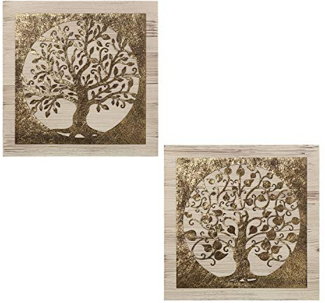DRW Set mit 2 quadratischen Holz-Bildern mit Bäumen in Gold 60 x 60 cm