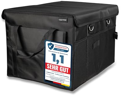 LIONSTRONG® Kofferraum-Organizer Box - Transportbox [EXTRA STABIL] - klein | faltbare Aufbewahrungsbox Auto - Tragegriffe und Fächer - ideal für Einkäufe, Reisen, Werkzeug - stabil, kompakt, rutschfest