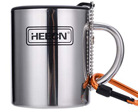 HEECN Acciaio inossidabile Tazze da caffè da Campeggio a Doppia Parete con Moschettone HESS-038BBK 260 ml con Coperchio Girevole